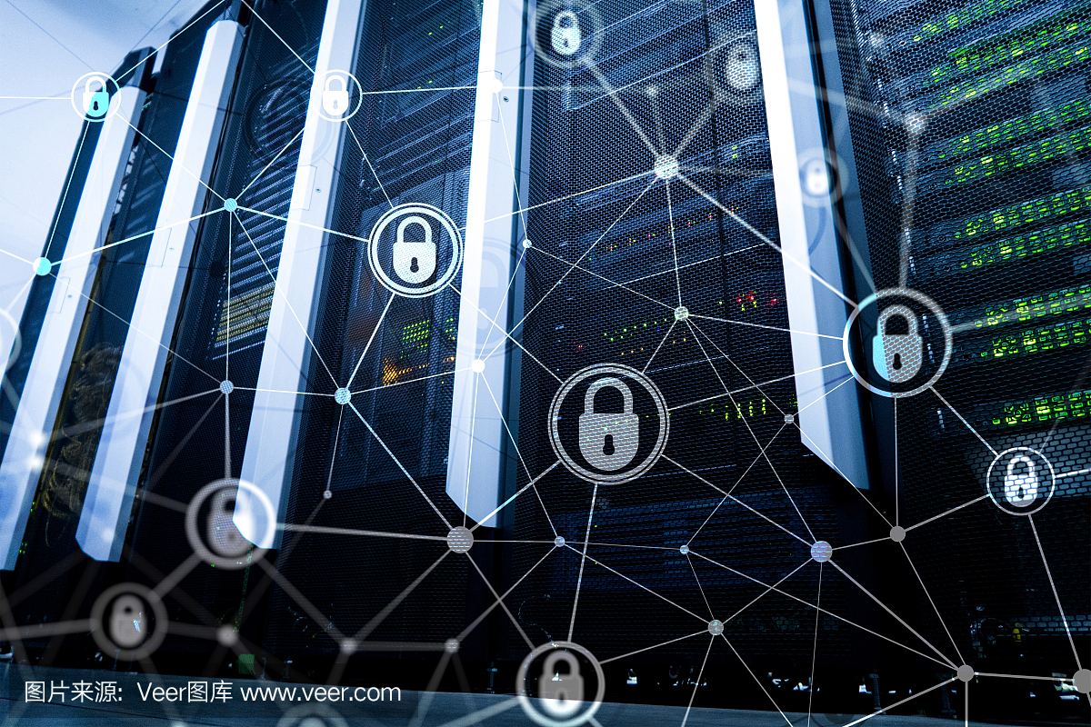 網(wǎng)絡(luò)安全,信息隱私,數(shù)據(jù)保護(hù)概念在現(xiàn)代服務(wù)器室背景下。互聯(lián)網(wǎng)和數(shù)字技術(shù)的概念。